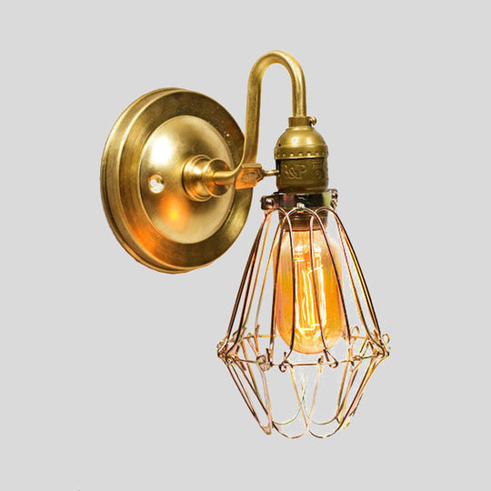 Vintage Stylish Polished Brass Wire Guard Wall Sconce - 1 Light Corridor With Gooseneck Arm