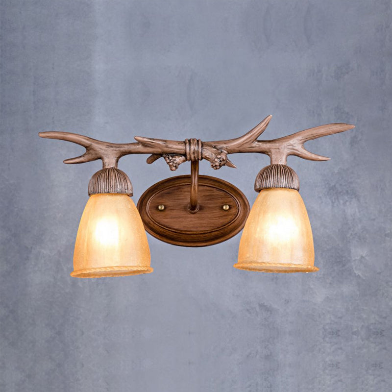 Rustic Deer Horn Amber Glass Wall Sconce Lamp - Lodge Style With 2 Lights