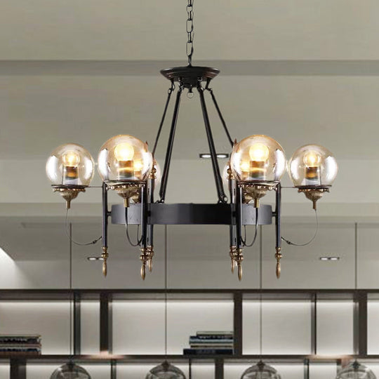 Modern 6-Light Industrial Hanging Chandelier - Clear Glass Globe Pendant Light With Clock Design