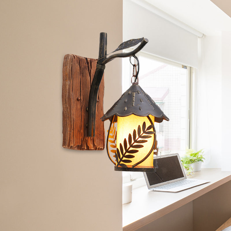 Industrial Clear Glass/Fabric Black Sconce Light With 1-Light Cylinder Leaf And Wood Backplate