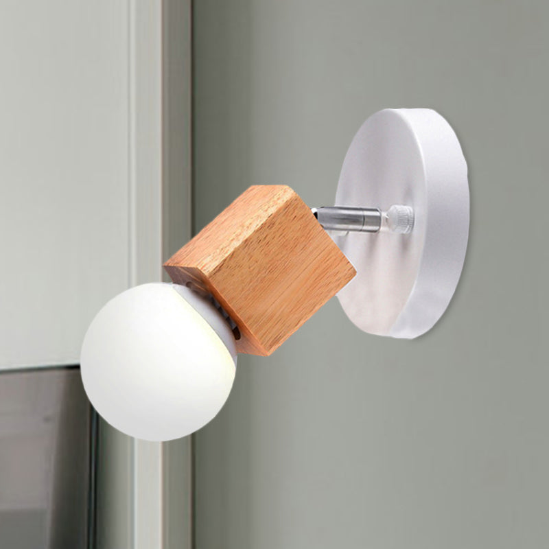 Industrial Style Black/White Wood Wall Sconce With Square Mount & Circular Backplate White
