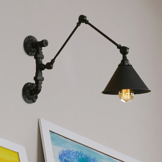 Industrial Metal Swing Arm Bedroom Wall Sconce - Black Mount Light With Cone Shade (7/8.5 Wide)