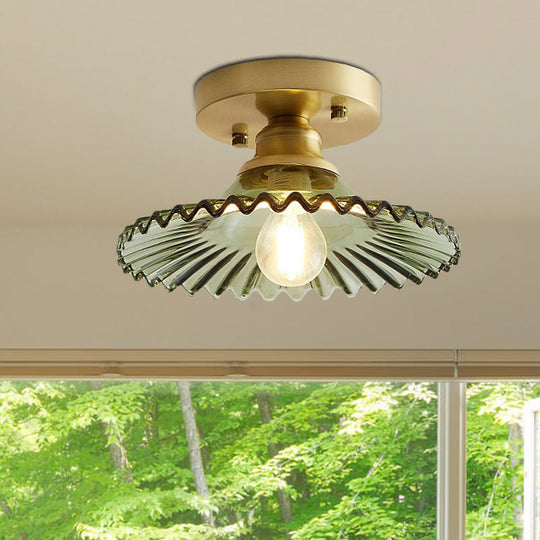 Semi-Flush Industrial Ceiling Mount: 1-Light Flared Clear/Green Ribbed Glass For Living Room