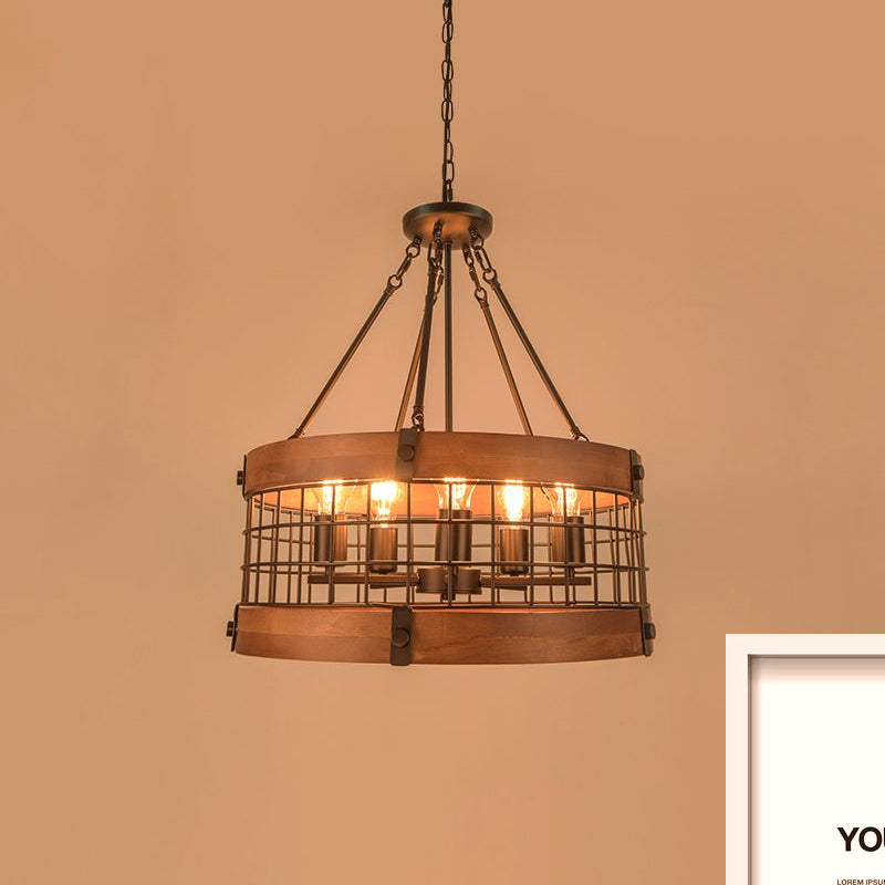 Hanging Farmhouse Suspension Lamp: Drum Metal and Wood Fixture with Mesh Screen, Lodge Style, Multi Light | Brown