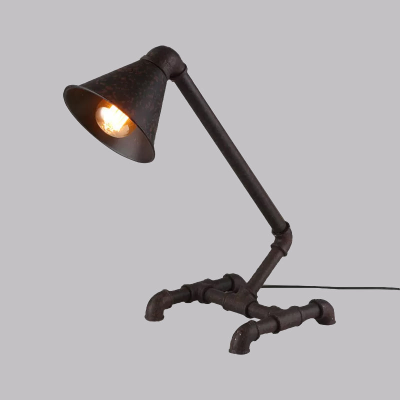 Industrial Style Dark Rust Conical Table Light With Metallic Base - Perfect For Bedroom
