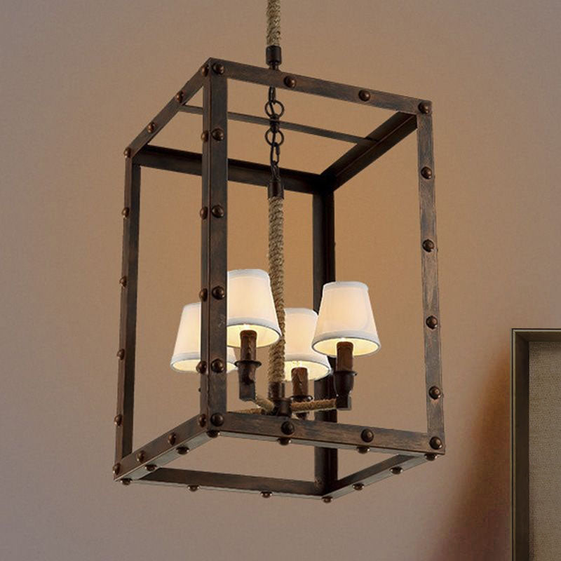 Antique Rectangular Pendant Lighting 4/8 Lights Chandelier with Inner Fabric Cone Shade in Rust - Perfect for Living Room