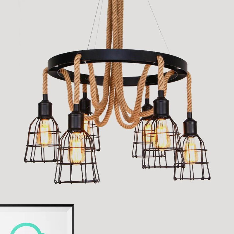Vintage Style Black Metal Chandelier Pendant With Multi Lights And Rope - Global/Bell Cage Design