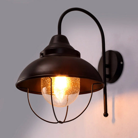 Black Farmhouse Dome Wall Light Fixture With Cage - Seeded Glass Shade 1 Metal Sconce