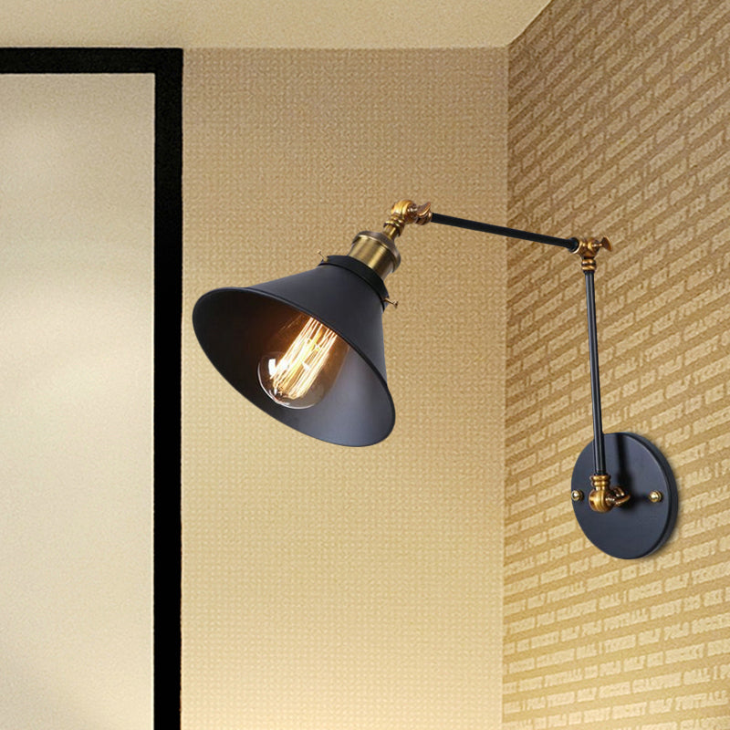 Industrial Swing Arm Wall Sconce - Conic Study Room Lamp (1 Bulb) Black/Brass Metallic Finish