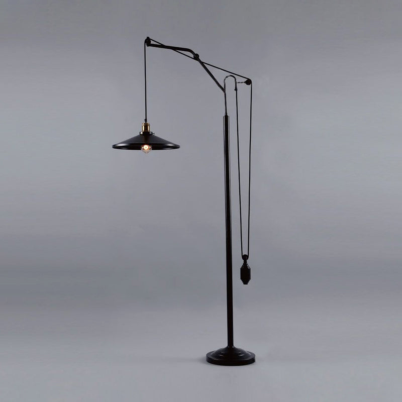 Industrial Flared Shade Metal Floor Lamp - Rotatable 1 Light Standing In Black For Living Room
