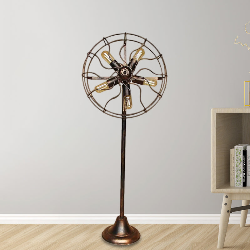 Antique Bronze 5-Light Fan Design Floor Lamp With Cage Shade - Rustic Loft Wrought Iron Indoor