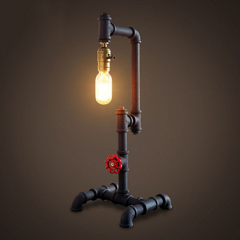 Industrial Style Metallic Table Light With Red Valve: 1-Light Standing Pipe Design In Dark Rust For