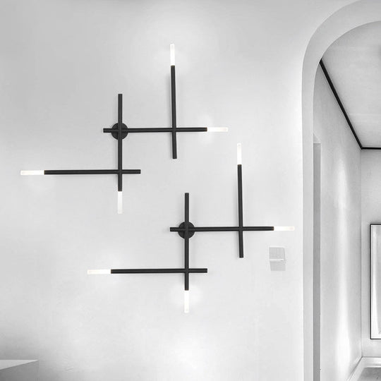 Modern Metal Crossed Lines Wall Sconce Light - 4-Light Black/Gold Lamp In Warm/White Black / White