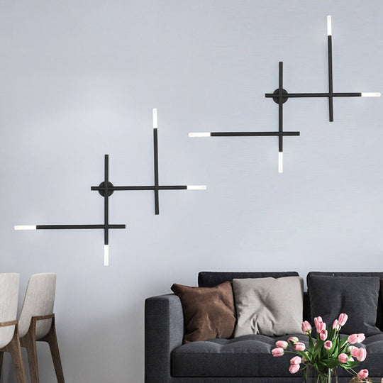Modern Metal Crossed Lines Wall Sconce Light - 4-Light Black/Gold Lamp In Warm/White