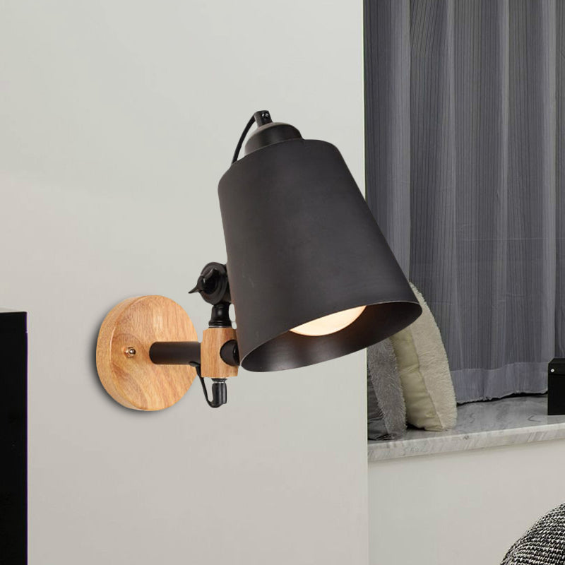 Modern Metal Wall Lamp With Bucket Shade 1 Light Corridor Mount Wooden Backplate Black/White
