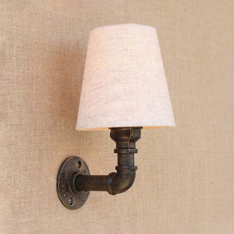 Industrial Fabric Cone Wall Sconce With Pipe Design - 1/2-Bulb Living Room Lighting In Bronze