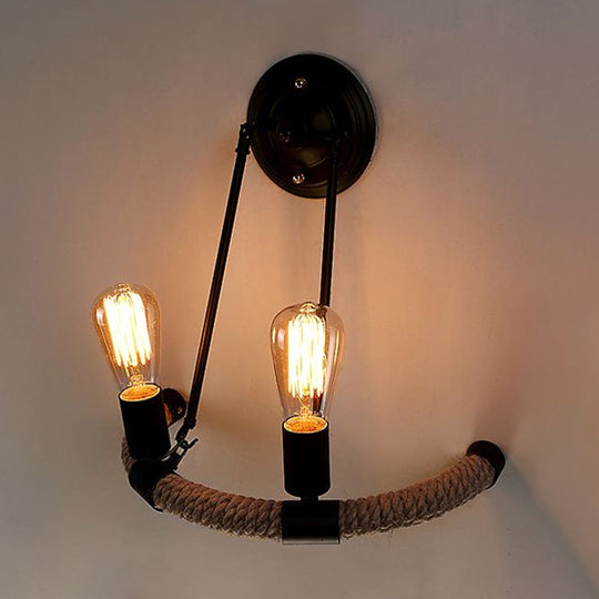 Vintage Style Roped Half-Ring Wall Light With 2 Bare Bulbs In Black For Living Room