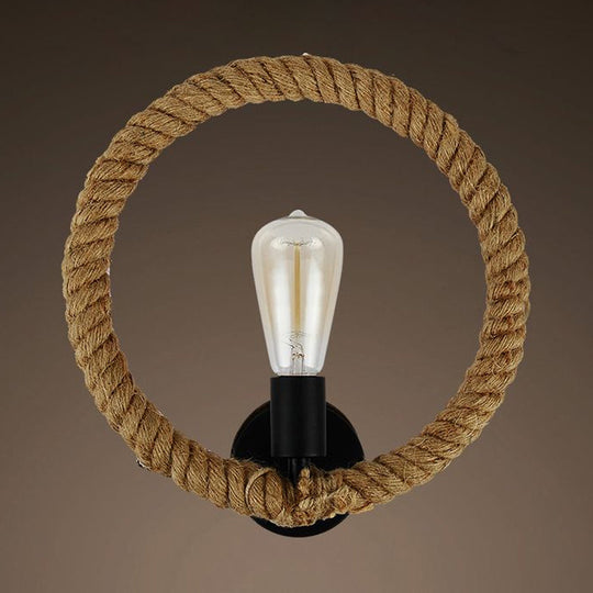 Black Farmhouse Roped Ring Wall Sconce With Open Bulb 1 Light Hallway Lamp