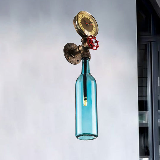 Vintage Brown/Blue Bottle Wall Sconce Lamp - Stylish Glass With Gauge And Valve