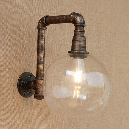 Globe Stairway Wall Lamp - Industrial Clear Glass 1 Light Aged Brass Mount With Angle Pipe 8/10
