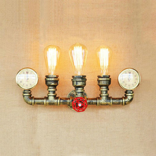 Rustic Antique Brass Metal Wall Mount Light With 3 Pipes Gauge And Valve Decoration