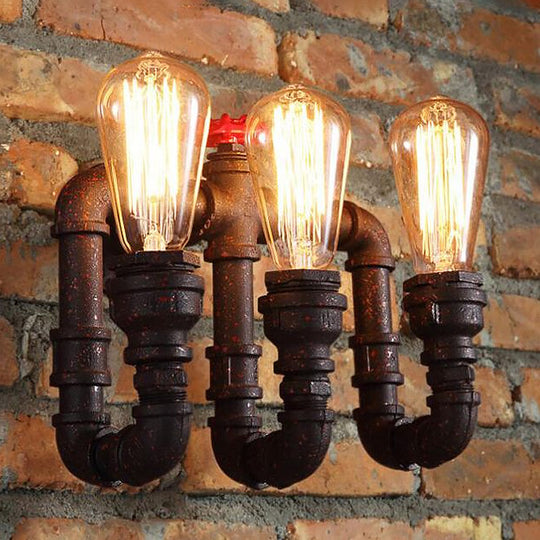 Vintage Style Rust Water Pipe Wall Sconce Light With Exposed Bulb - 3 Lights Iron Lamp