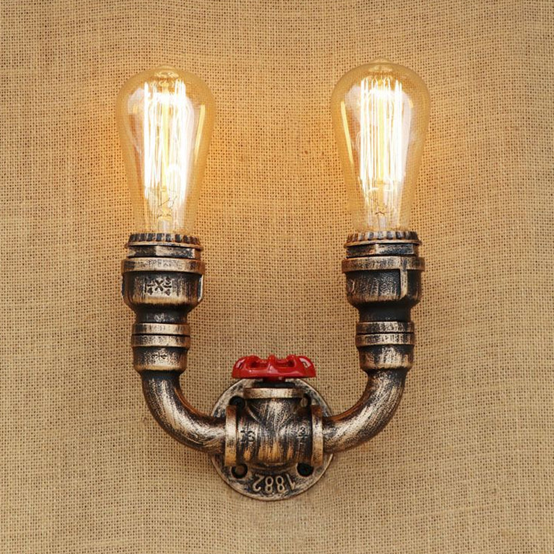 2-Head Wall Lighting In Warehouse Style: U-Shaped Wrought Iron Sconce With Aged Brass Pipe Fixture