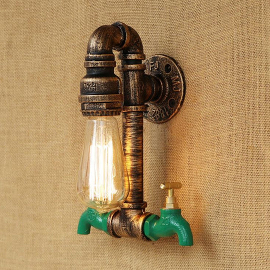 Vintage Metal Wall Lighting Fixture With Double Faucet And Aged Brass Pipe For Living Room