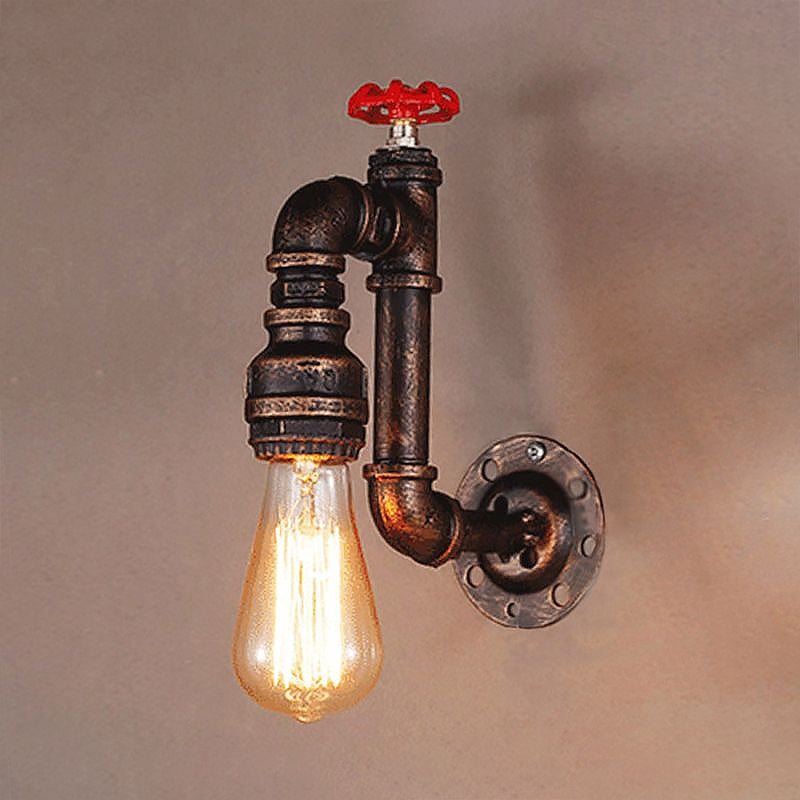 Rustic Wrought Iron Wall Sconce With Valve Wheel - Bronze Finish