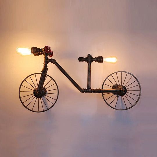 Antique Bronze Metallic Bicycle Wall Light With Farmhouse Pipe Detailing - 3-Light Sconce For Living