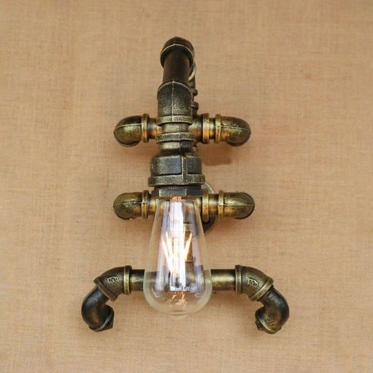 Steampunk Iron 1-Light Antique Brass Sconce With Curved Pipe Expose Bulb Bathroom Wall Lighting
