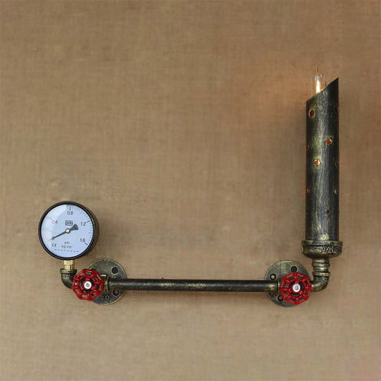 Wrought Iron Tubed Sconce Lighting With Valve And Gauge Vintage Wall Lamp