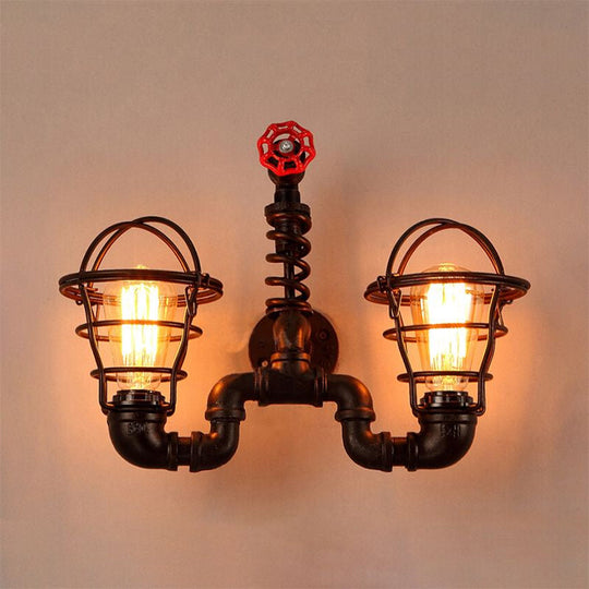 Vintage Wrought Iron Wall Lamp With Wire Guard & Pipe-Valve Fixture (2 Bulbs Black)
