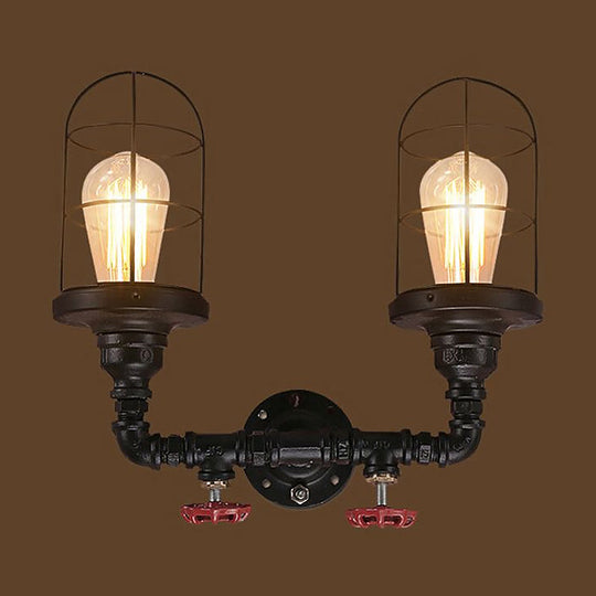 Vintage Caged Metal Shade Wall Mount Sconce With Red Valve And Pipe - Set Of 2 Bulb Lights Black