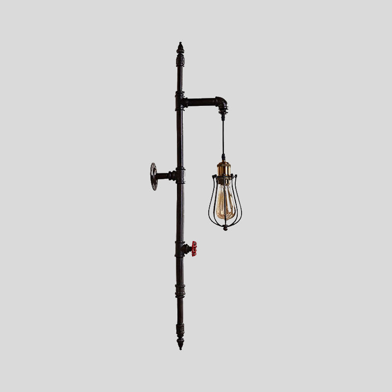 Rustic Wire Guard Wall Hanging Light With Iron Water Pipe Sconce In Black - Stylish Lighting For