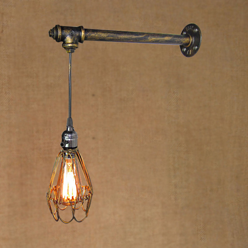 Rustic Antique Brass Caged Wall Lamp With Pipe - Dining Room Light Fixture