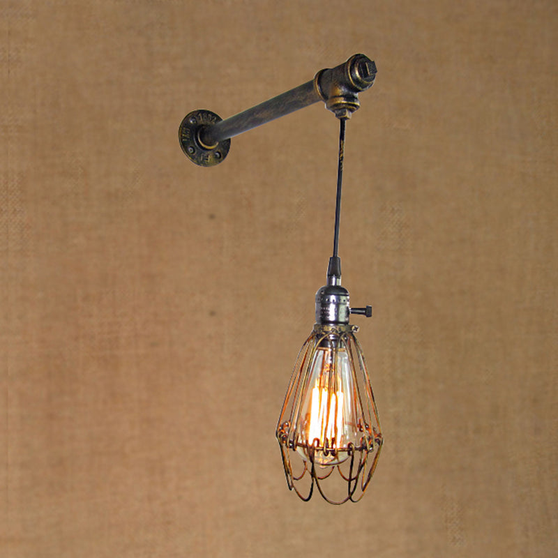 Rustic Antique Brass Caged Wall Lamp With Pipe - Dining Room Light Fixture