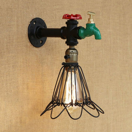 Rustic Metal Cage Wall Sconce Black Finish With Faucet And Valve - 1 Bulb