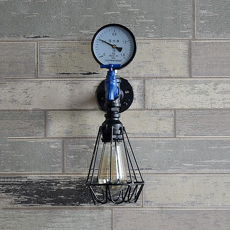 Silver/Blue Industrial Diamond Cage Wall Lamp With Gauge And Faucet - 1 Light Wrought Iron Lighting