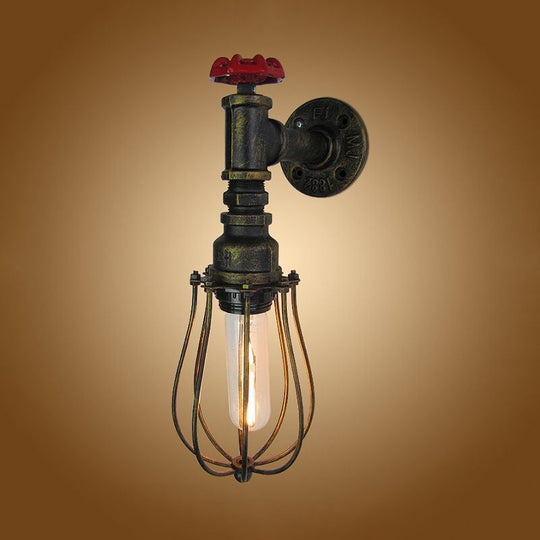 Industrial Antique Brass Iron Wall Lamp With Wire Guard And Red Valve Mount Light