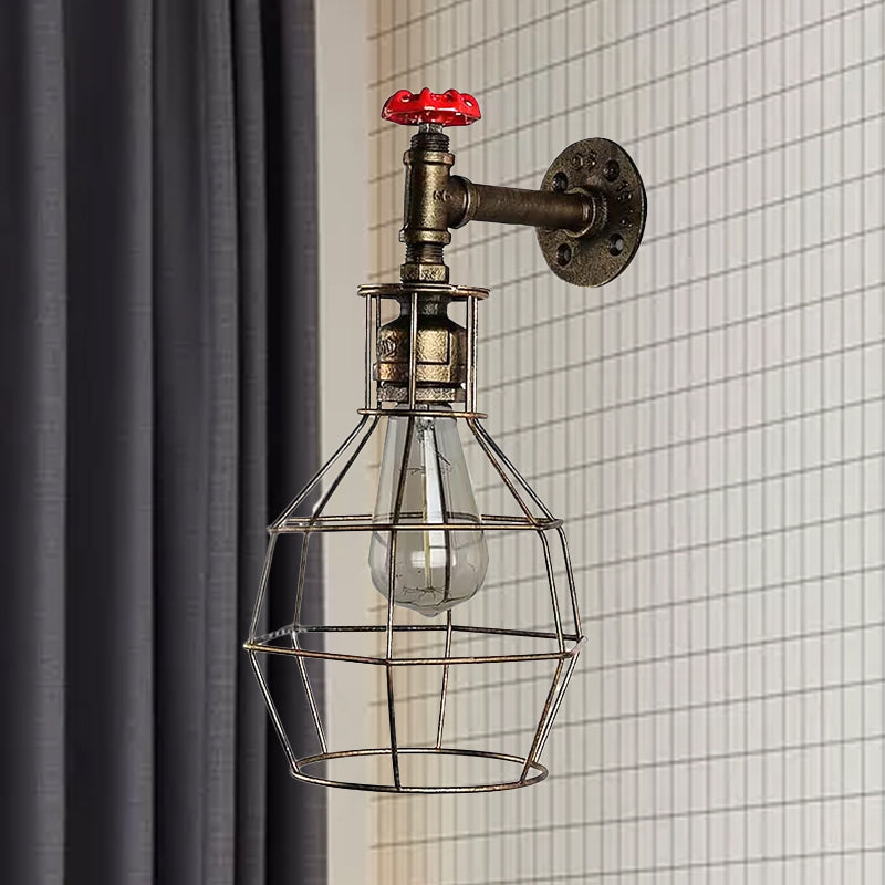 Caged Vintage Corridor Wall Sconce With Valve Deco And 1 Light In Black/Bronze