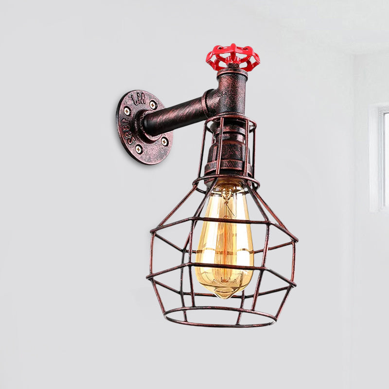 Caged Vintage Corridor Wall Sconce With Valve Deco And 1 Light In Black/Bronze