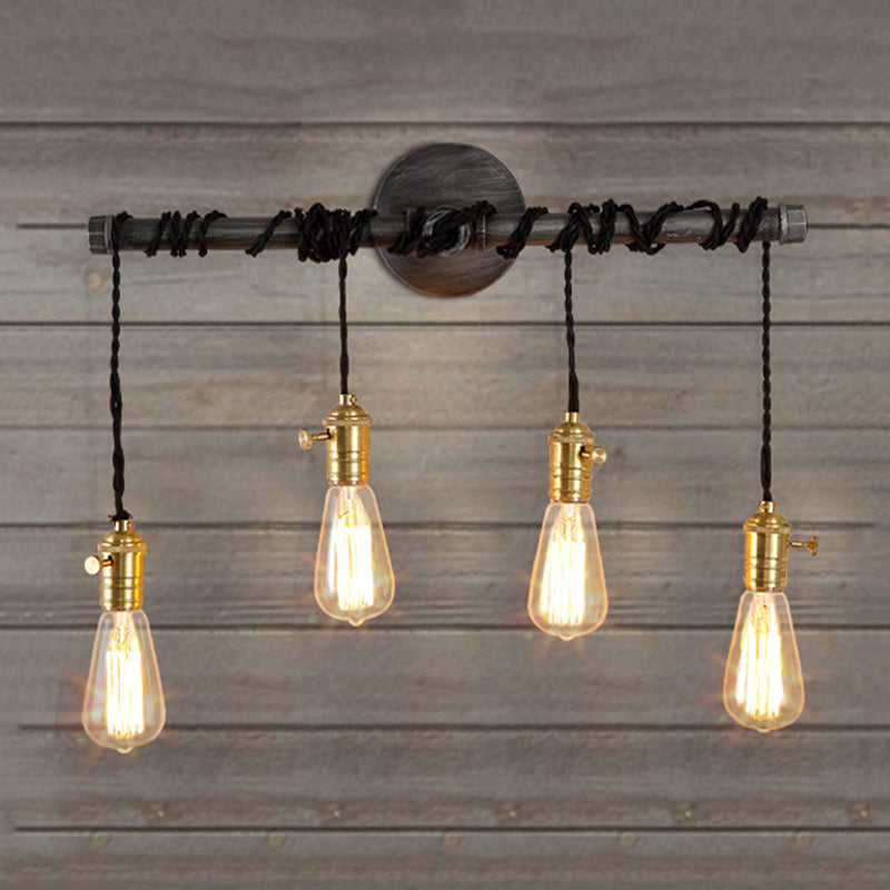 Industrial Brass Metal Wall Mount Lamp - 4-Light Linear Piped Sconce With Open Bulb