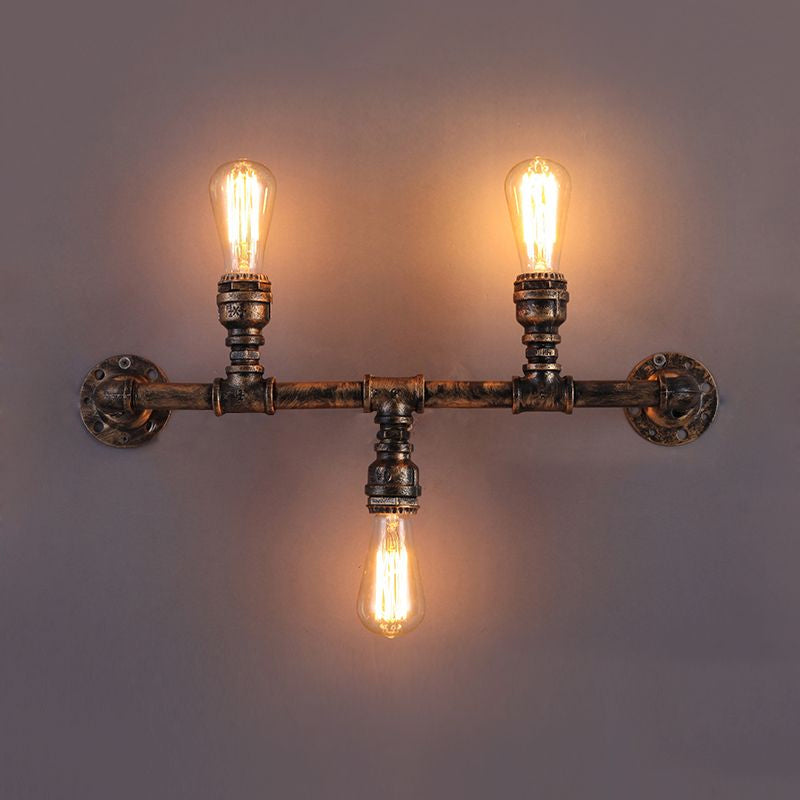 Vintage Pipe Design Metal Wall Sconce - 3 Bulb Living Room Light In Bronze