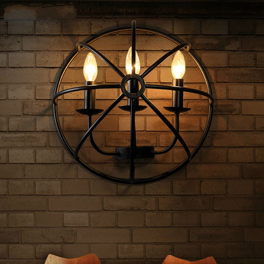 Industrial Circle Caged Wall Sconce Light With Candle Design - 2/3 Lights For Dining Room Black Iron