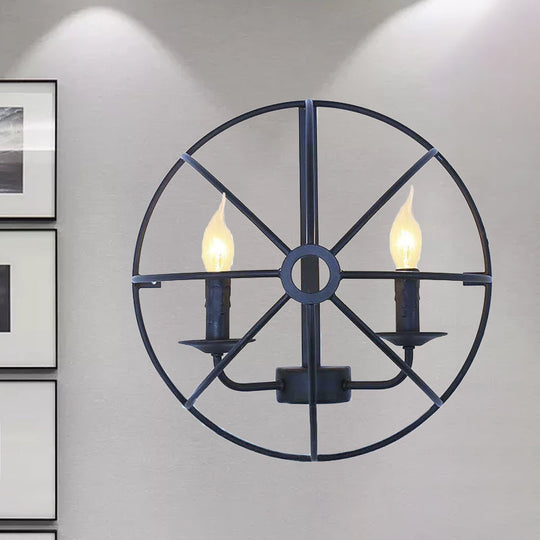 Industrial Circle Caged Wall Sconce Light With Candle Design - 2/3 Lights For Dining Room Black Iron