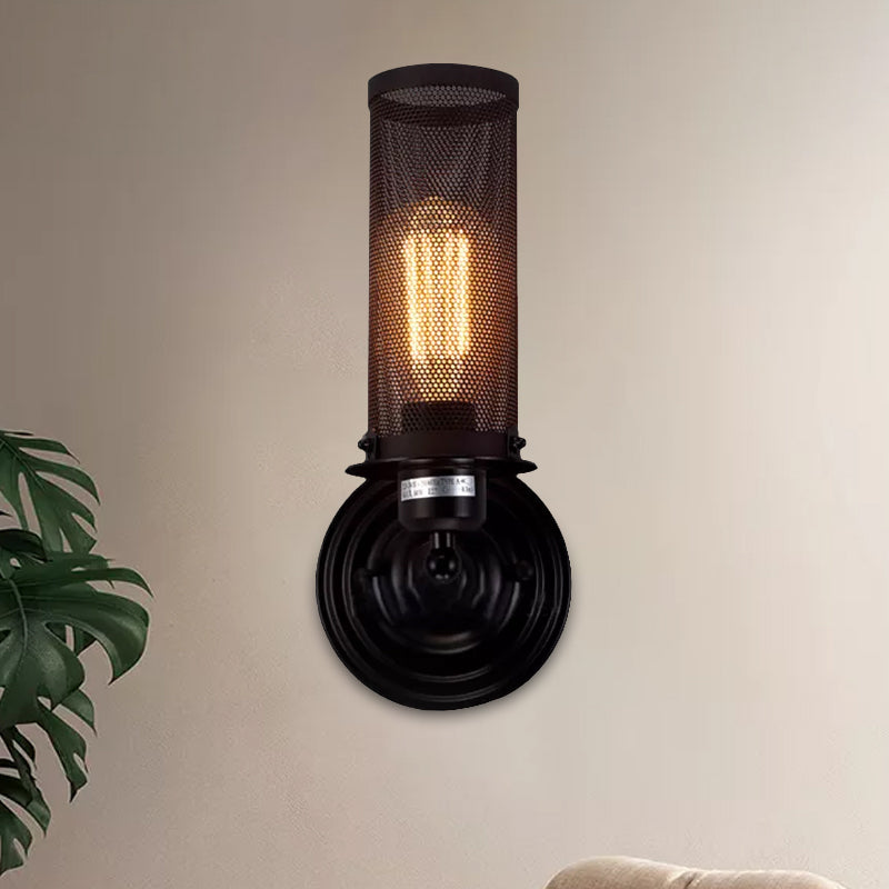 Antique Style Iron Wall Sconce With Mesh Shade - Farmhouse Mounted Lamp In Black