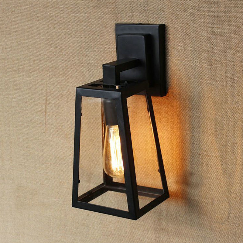 Stylish Matte Black Trapezoid Cage Wall Lamp For Living Room Industrial Metallic Mount Light