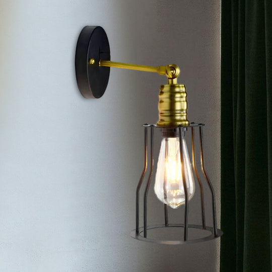 Farmhouse Iron Wall Sconce Lighting With Adjustable Brass Cage Shade - Perfect For Dining Room