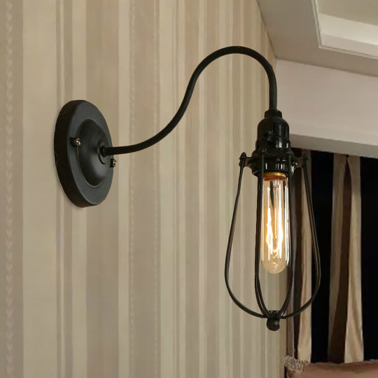 Industrial 1 Light Metallic Oval/Teardrop/Bulb Wall Lamp With Wire Guard In Black